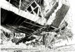  building destruction greyscale highres monochrome murata_yuusuke no_humans official_art one-punch_man scan scenery skyscraper space_craft traditional_media 