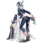  1girl alternate_costume animal ass back bangs biting breasts damaged diving_mask diving_mask_on_head diving_suit dog eyebrows_visible_through_hair flippers from_side full_body girls_frontline hair_between_eyes looking_back mask mask_on_head official_art open_mouth pants puppy purple_eyes shark sharp_teeth shuzi sl8_(girls_frontline) solo standing surprised swimsuit table teeth torn_clothes torn_pants torn_sleeves torn_swimsuit transparent_background watch wristwatch 