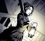  1boy androgynous black_dress black_eyes black_hair dress dutch_angle foxvulpine golden_kamuy hair_bun holding holding_lantern ienaga_kano index_finger_raised lantern lipstick looking_at_viewer makeup male_focus mole mole_under_mouth short_hair simple_background solo 