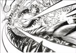  battle elder_centipede explosion fighting flying greyscale metal_knight missile monochrome murata_yuusuke official_art one-punch_man scan traditional_media white_background 