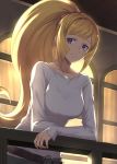  1girl belt blonde_hair breasts closed_mouth guchico gundam gundam_tekketsu_no_orphans kudelia_aina_bernstein large_breasts leaning_forward long_hair long_sleeves ponytail purple_eyes smile solo sweater very_long_hair white_sweater 