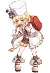  1girl absurdres anger_vein backpack bag bangs belt belt_buckle black_legwear blonde_hair blush boots brown_footwear brown_skirt buckle collared_shirt commentary_request eyebrows_visible_through_hair full_body fur-trimmed_boots fur-trimmed_sleeves fur_hat fur_trim girls_frontline hair_between_eyes hat highres holding_strap jacket kneehighs leaning_forward long_sleeves looking_at_viewer matsuo_(matuonoie) nagant_revolver_(girls_frontline) open_clothes open_jacket open_mouth pleated_skirt randoseru red_belt red_eyes shirt simple_background skirt solo standing white_background white_headwear white_jacket white_shirt 