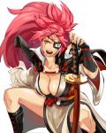  angry baiken boots breasts eyepatch facial_mark fighting_stance fingerless_gloves gloves guilty_gear highres japanese_clothes kimono laio large_breasts long_hair looking_at_viewer pink_eyes pink_hair ponytail samurai sword thighs weapon 