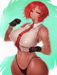  1girl aqua_background bare_shoulders black_gloves black_panties breasts covered_nipples fumio_(rsqkr) gloves highres large_breasts looking_at_viewer midriff navel necktie panties red_eyes red_hair short_hair solo the_king_of_fighters toned underwear vanessa_(kof) white_background wide_hips 