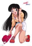  1990s_(style) 1girl absurdres bangs black_eyes black_hair full_body hand_to_head hat highres holding holding_clothes holding_hat ikaruga_mei logo long_hair looking_at_viewer maze_bakunetsu_jikuu no_socks official_art open_mouth pencil_skirt red_footwear red_headwear scan shoes simple_background skirt sneakers solo squatting striped suganuma_eiji unbuttoned unbuttoned_shirt vertical_stripes white_background 