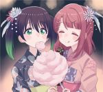  2girls bangs biting black_hair blurry blush_stickers bokeh chocolate_banana closed_eyes cotton_candy cream_(nipakupa) depth_of_field feathers flower gradient_hair green_eyes green_hair hair_feathers hair_flower hair_ornament highres japanese_clothes kanzashi kimono love_live! love_live!_nijigasaki_high_school_idol_club multicolored_hair multiple_girls sharing_food summer_festival takasaki_yuu twintails two-tone_hair uehara_ayumu upper_body yukata 