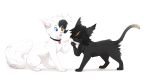  2017 4_toes black_body black_fur collar domestic_cat duo eyes_closed felid feline felis feral fur heterochromia hi_res mammal open_mouth paws reysi simple_background teeth toes tongue white_background 