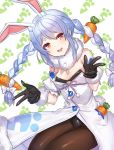  1girl absurdres animal_ears arpeggio_kaga black_gloves blue_hair bow braid breasts brown_eyes brown_legwear bunny_ears bunny_tail carrot carrot_print detached_sleeves don-chan_(usada_pekora) double_v dress food_print fur-trimmed_gloves fur_trim gloves hair_bow highres hololive leaning_forward leotard_under_clothes looking_at_viewer open_mouth pantyhose sidelocks sitting small_breasts solo tail thighhighs thighs twin_braids v white_background white_dress white_hair 