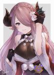  1girl adjusting_hair_ornament arms_up black_gloves blush border breasts capelet commentary fur-trimmed_capelet fur_trim gloves granblue_fantasy grey_background hair_ornament hair_over_one_eye highres holly_hair_ornament horns kiri_ph large_breasts long_hair looking_at_viewer narmaya_(granblue_fantasy) pom_pom_(clothes) purple_eyes purple_hair red_capelet santa_costume shirt signature simple_background sleeveless sleeveless_shirt smile snowman_hair_ornament solo symbol_commentary 