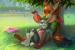  2019 3_fingers 3_toes 4_fingers against_tree aloha_shirt anthro backpack balloon barefoot blurred_background buckteeth canid canine city claws clothed clothing dappled_light detailed_background dipstick_ears disney duo_focus ear_grab eyebrows eyelashes falling_leaves female fingers fox fully_clothed fur grass green_eyes grey_nose group holding_ears judy_hopps kite lagomorph leporid light looking_at_another looking_at_partner male mammal miles_df multicolored_ears necktie nick_wilde on_ground one_eye_closed open_mouth orange_body orange_ears orange_fur orange_tail outside park pawpads paws pink_inner_ear pink_nose playing purple_eyes rabbit romantic_couple shade shadow shirt sitting smile street_lamp sunlight t-shirt teeth toe_claws toes tongue topwear tree white_body white_ears white_fur white_tail yellow_inner_ear yoga_pants zootopia 