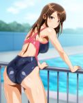  1girl anime_coloring ass black_swimsuit blue_sky blurry breasts brown_eyes brown_hair cloud commentary_request competition_swimsuit cowboy_shot day depth_of_field from_behind long_hair looking_at_viewer looking_back medium_breasts monteriakitto multicolored multicolored_clothes multicolored_swimsuit one-piece_swimsuit original outdoors railing sky solo swimsuit 