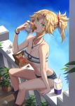  1girl bag balcony bandeau bangs bare_shoulders belt blue_sky boots braid breasts collarbone cup cutoffs denim denim_shorts drinking_straw eating fast_food fate/apocrypha fate_(series) food french_braid french_fries green_eyes hair_ornament hair_scrunchie hamburger highres long_hair looking_at_viewer mordred_(fate) mordred_(fate)_(all) open_mouth paper_bag parted_bangs ponytail red_scrunchie scrunchie shorts sidelocks sitting sky small_breasts tonee 