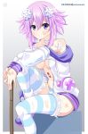  1girl alternate_breast_size arms_on_knees bandaid bandaid_on_arm breasts bruise bruise_on_face choker covered_nipples d-pad d-pad_hair_ornament defeat hair_between_eyes hair_ornament helvetica_std highres holding holding_sword holding_weapon hood hooded_jacket injury jacket knee_up leaning_forward legs looking_at_viewer medium_breasts midriff neptune_(neptune_series) neptune_(series) no_bra off_shoulder open_clothes open_jacket panties pout purple_eyes purple_hair short_hair solo stomach striped striped_legwear striped_panties sword tears thighhighs thighs torn_clothes torn_legwear underboob underwear usb weapon white_choker white_jacket 