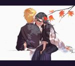  1boy 1girl black_hair bleach highres huorin13 japanese_clothes kuchiki_rukia kurosaki_ichigo laughing leaf orange_hair shinigami short_hair 