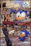  anthro archie_comics blue_body blue_hair brown_body clothing comic dialogue eulipotyphlan female footwear green_eyes hair hedgehog high_heels male mammal sally_acorn sex_dungeon shoes sonic_the_hedgehog sonic_the_hedgehog_(archie) sonic_the_hedgehog_(comics) sonic_the_hedgehog_(series) thefuckingdevil 