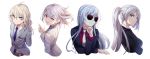  4girls ahoge ak-12_(girls_frontline) ak-15_(girls_frontline) an-94_(girls_frontline) bangs belt blue_eyes braid breasts closed_mouth collared_shirt commentary english_commentary eyebrows_visible_through_hair formal girls_frontline glasses grey_hair highres jacket long_hair long_sleeves looking_at_viewer medium_hair multiple_girls necktie niac office_lady open_mouth ponytail portrait purple_eyes rpk-16_(girls_frontline) shirt side_braid silver_hair simple_background smile suit sunglasses upper_body white_background white_shirt 