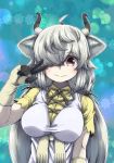  1girl absurdres ahoge animal_ears arm_at_side bangs black_horns breasts brown_eyes closed_mouth eyebrows_visible_through_hair gloves grey_hair grey_horns hair_over_one_eye hair_ribbon hand_up highres horizontal_pupils horns impossible_clothes kemono_friends kotobukkii_(yt_lvlv) long_hair looking_at_viewer multicolored_horns neck_ribbon ox_ears ox_girl ox_horns parted_bangs ribbon shirt short_sleeves smile solo twintails v yak_(kemono_friends) 