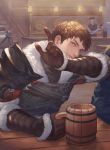  1other 3boys ardbert_(ff14) armor beer_mug blue_eyes brown_gloves brown_hair cup elezen elf final_fantasy final_fantasy_xiv fur_trim gloves holding holding_cup hyur indoors lmj961106 looking_at_viewer male_focus mug multiple_boys pointy_ears short_hair shoulder_armor sitting smile 