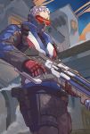  1boy balcony black_gloves blue_jacket crate gloves gun handgun holding holding_gun holding_weapon holster holstered_weapon jacket lmj961106 male_focus mask outdoors overwatch pistol scar scar_on_face smoke soldier:_76_(overwatch) solo thigh_strap visor weapon white_hair window zipper 