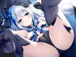  1girl arm_up armpits ass bare_shoulders black_gloves black_legwear black_panties blue_bow blue_dress blue_eyes blue_neckwear blush bow bowtie breasts cameltoe date_a_live dress dress_pull feet from_below gloves hair_between_eyes hair_bow hand_up knees_up legs long_hair looking_at_viewer medium_breasts midriff nipples no_bra no_shoes open_mouth panties revealing_clothes sapphire_(gemstone) see-through silver_hair solo spread_legs starry_sky_print thighhighs thighs tobiichi_origami touxing_no_diluka underwear upskirt veil very_long_hair 