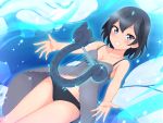  1girl absurdres bangs bare_arms bare_shoulders black_hair black_panties blue_eyes breasts collarbone commentary cosplay dress greater_lophorina_(kemono_friends) grey_dress grin harp harp_seal_(kemono_friends) harp_seal_(kemono_friends)_(cosplay) highres instrument kemono_friends looking_at_viewer medium_breasts outstretched_arms panties shiraha_maru short_hair smile solo spaghetti_strap underwear 