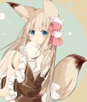  1girl animal_ears bangs barefoot blue_eyes blush brown_hair brown_skirt closed_mouth collared_shirt commentary_request eyebrows_visible_through_hair fox_ears fox_girl fox_tail frilled_skirt frills hair_between_eyes highres knees_up kushida_you long_hair looking_at_viewer original pleated_skirt shirt sitting skirt smile solo tail very_long_hair white_shirt 