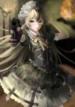  1girl bangs breasts dress frilled_dress frilled_hairband frills girls_frontline gloves gothic_lolita gun hairband handgun highres light_brown_eyes light_brown_hair lolita_fashion long_hair medium_breasts pointing pointing_at_viewer ppk_(girls_frontline) puffy_short_sleeves puffy_sleeves short_sleeves solo very_long_hair walther walther_ppk weapon yukito118 