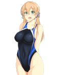  1girl anchor_hair_ornament aqua_eyes blonde_hair blue_swimsuit blush breasts collarbone competition_swimsuit cowboy_shot dated eyebrows_visible_through_hair hair_between_eyes hair_ornament highleg highleg_swimsuit highres kantai_collection long_hair looking_at_viewer low_twintails medium_breasts montemasa no_hat no_headwear one-piece_swimsuit open_mouth prinz_eugen_(kantai_collection) simple_background smile solo swimsuit twintails white_background 