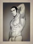  1boy abs arm_behind_head armpits bara black_eyes black_hair chest_hair cowboy_shot expressionless facial_hair foxvulpine fundoshi golden_kamuy greyscale hairy japanese_clothes loincloth looking_at_viewer male_focus monochrome muscle navel_hair pectorals short_hair sideburns simple_background solo stubble tanigaki_genjirou underwear underwear_only 