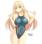  1girl alternate_costume ass_visible_through_thighs atago_(kantai_collection) blonde_hair blue_swimsuit blush breasts collarbone competition_swimsuit covered_navel cowboy_shot dated eyebrows_visible_through_hair green_eyes hair_between_eyes highres kantai_collection large_breasts long_hair looking_at_viewer montemasa one-piece_swimsuit simple_background smile solo swimsuit white_background yellow_swimsuit 
