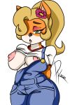  &lt;3 &lt;3_eyes 2:3 accessory activision alpha_channel anthro bandicoot big_breasts blonde_hair breasts clothed clothing coco_bandicoot crash_bandicoot_(series) female fur green_eyes hair hair_accessory half-closed_eyes hi_res mammal marsupial narrowed_eyes nipples one_breast_out one_eye_obstructed open_mouth overalls ponytail punished_kain solo video_games 
