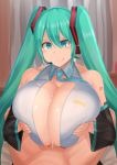  1boy 1girl :q absurdres alternate_breast_size aqua_eyes aqua_hair breasts cleavage cum cum_on_body cum_on_breasts detached_sleeves facominn hair_ornament hatsune_miku headset hetero highres huge_breasts long_hair lotion necktie paizuri tongue tongue_out twintails very_long_hair vocaloid 
