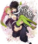  1boy 1girl absurdres animal ankle_wrap bandages bangs belt black_hair black_jacket black_skirt blush braid breasts carrying cleavage couple eye_contact flower full_body gradient_hair green_eyes green_hair green_legwear hair_between_eyes hakama_pants haori hetero highres iguro_obanai jacket japanese_clothes kanroji_mitsuri kimetsu_no_yaiba large_breasts long_hair long_sleeves looking_at_another mask mole mole_under_eye mouth_mask multicolored_hair open_mouth own_hands_together pink_hair princess_carry sandals short_hair skirt snake tabi tcb thighhighs uniform white_background white_belt white_snake 
