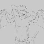  1:1 belt blep bottomwear clothed clothing denim denim_clothing dragon flexing greyscale hands_behind_head hi_res jeans lithiumred looking_at_viewer male monochrome muscular muscular_male nipples pants partially_clothed sketch solo spread_wings tongue tongue_out topless wings 