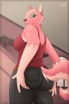  2:3 absurd_res anthro bottomwear clothed clothing domestic_cat felid feline felis female fluffy fluffy_tail halu hi_res inside mammal pants perspective pink_body solo 