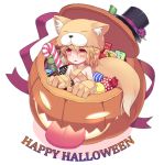  1girl animal_ear_fluff bangs blonde_hair blush candy candy_cane chocolate commentary_request elbow_gloves fireflysnow flat_chest food fox_girl fox_hat fox_tail gloves hair_between_eyes halloween halter_top halterneck hat jack-o&#039;-lantern medium_hair moonlight_flower open_mouth paws pocky pumpkin ragnarok_online red_eyes simple_background solo tail tongue tongue_out top_hat upper_body white_background yellow_fur yellow_gloves 