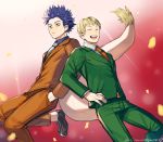  2boys :d absurdres bangs blonde_hair blue_shirt boku_no_hero_academia brown_footwear closed_eyes collared_shirt commentary_request green_jacket green_pants grey_shirt hand_in_pocket hand_on_hip highres jacket male_focus miyukiyo multiple_boys necktie ojiro_mashirao open_mouth pants purple_hair shinsou_hitoshi shirt shoes short_hair smile tail very_short_hair white_neckwear 