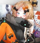  1girl abigail_williams_(fate/grand_order) absurdres bandaid bandaid_on_forehead bangs black_bow black_cat blonde_hair blue_eyes blush bow breasts cat crossed_bandaids dress fate/grand_order fate_(series) forehead grey_dress hair_bow hair_bun highres legs long_hair looking_at_viewer lying multiple_bows octopus on_back open_mouth orange_bow orange_legwear pantyhose parted_bangs sidelocks small_breasts smile tokitarou_(fate/grand_order) touko_56 