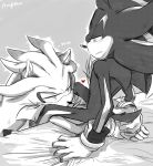  &lt;3 aimyneko anthro bed bedroom_eyes blush clothing dark_body duo english_text eulipotyphlan furniture gloves handwear hedgehog holding_tail male male/male mammal narrowed_eyes seductive shadow_the_hedgehog silver_the_hedgehog simple_background sitting sonic_the_hedgehog_(series) text video_games white_body 