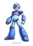  1boy android arm_cannon blue_eyes character_name clenched_hand full_body helmet kadej looking_at_viewer redesign rockman rockman_x solo standing weapon white_background x_(rockman) 