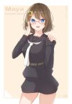 1girl aticsanir beige_background bespectacled black_serafuku blue_eyes border brown_hair character_name commentary_request contrapposto cosplay cowboy_shot crescent crescent_moon_pin glasses hair_ornament highres kantai_collection maya_(kantai_collection) mochizuki_(kantai_collection) mochizuki_(kantai_collection)_(cosplay) necktie red-framed_eyewear school_uniform serafuku short_hair solo standing two-tone_background white_border white_neckwear x_hair_ornament 