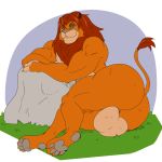  1:1 2019 a-side anthro balls big_balls big_butt brown_eyes butt disney felid fur genitals grass hair hi_res huge_balls lion looking_at_viewer lounging male mammal mane mature_male muscular muscular_anthro muscular_male nude orange_body orange_fur pantherine pawpads paws red_body red_fur red_hair rock seductive simba smile solo tail_tuft the_lion_king thick_thighs tuft yellow_sclera 
