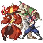  1girl 2boys armor armored_boots beard boots breastplate chesnaught closed_mouth commentary delphox dress english_commentary evil_smile facial_hair fighting_stance fire full_armor full_body gauntlets gen_6_pokemon greaves greninja hat height_difference helmet highres holding holding_lance holding_polearm holding_weapon knight lance long_hair long_sleeves looking_at_viewer multiple_boys ninja open_mouth over_shoulder pants personification pokemon pokemon_(game) pokemon_xy polearm red_hair serious sheath shoes shoulder_armor shuriken simple_background smile spiked_armor spikes standing sword thighhighs tina_fate v-shaped_eyebrows very_long_hair vest wand weapon weapon_over_shoulder white_background wide_sleeves witch witch_hat zettai_ryouiki 