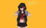  1girl black_hair blue_eyes blush collarbone english_text hair_between_eyes highres hirundo_rustica incoming_hug jacket kill_la_kill long_sleeves looking_at_viewer matoi_ryuuko meme midriff multicolored_hair my_little_pogchamp_(meme) navel open_clothes open_jacket open_mouth pleated_skirt red_hair school_uniform senketsu serafuku short_hair simple_background skirt streaked_hair suspenders yellow_background 