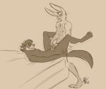  2017 4_toes 5_toes anthro anthro_on_anthro barefoot barnaby_kane bed claws digital_media_(artwork) domestic_ferret duo erection feet frottage furniture genitals hi_res humanoid_genitalia humanoid_penis interspecies lagomorph leporid male male/male mammal mustela mustelid musteline nicnak044 nude penis rabbit rubbing sex simple_background sketch toes watermark 