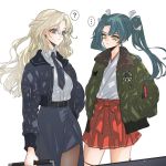  ... 2girls ? anno88888 bangs black_jacket black_legwear black_skirt blonde_hair blue_eyes bomber_jacket breasts closed_mouth fur-trimmed_jacket fur_trim green_eyes green_hair green_jacket hair_ribbon hakama hakama_skirt hands_in_pockets highres holding hornet_(kantai_collection) jacket japanese_clothes kantai_collection large_breasts long_hair long_sleeves multiple_girls necktie pantyhose red_hakama ribbon shirt simple_background skirt spoken_ellipsis spoken_question_mark twintails white_background white_shirt zuikaku_(kantai_collection) 