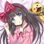  1girl :o bangs bed_sheet bell black_hair blue_eyes blush bow dress drooling eyebrows_visible_through_hair frilled_dress frills hair_bow hairband hand_up liselotte_(shironeko_project) long_hair looking_at_viewer lying on_back pink_dress shironeko_project stuffed_animal stuffed_toy sunameri_(pixiv3564245) teddy_bear zzz 