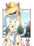  2girls :3 animal_crossing animal_ears arm_ribbon artist_name bangs bare_shoulders blonde_hair blue_eyes blue_sky blush border breasts cat_ears cat_girl cat_tail chin_strap claws closed_mouth collarbone commentary day dress dual_persona ears_through_headwear english_commentary fang fang_out floral_print flower furry green_ribbon hand_up happy hat hat_flower highres long_hair methynecros mitzi_(animal_crossing) mouth_hold multicolored multicolored_clothes multicolored_dress multiple_girls one_eye_closed outside_border pawpads paws pink_flower ponytail ribbon shiny shiny_hair sidelocks signature skin_fang sky sleeveless sleeveless_dress small_breasts smile solo_focus standing straw_hat sun tail tied_hair tree white_border white_dress yellow_headwear 