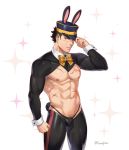  1boy abs animal_ears bara bare_pecs bikini_briefs black_eyes black_hair black_male_underwear bow bowtie brown_eyes bulge bunny_ears bunny_tail cowboy_shot crossdressing fake_animal_ears flaccid foxvulpine golden_kamuy groin hat head_tilt kepi leggings leotard long_sleeves male_focus male_playboy_bunny male_pubic_hair meme_attire military_hat muscle navel nipples pectorals pubic_hair rabbit_boy reverse_bunnysuit reverse_outfit scar scar_on_cheek scar_on_chest scar_on_face scar_on_mouth scar_on_nose short_hair shrug_(clothing) simple_background skin_tight solo strapless strapless_leotard sugimoto_saichi tail thighs wrist_cuffs 