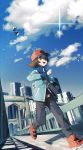  1boy baseball_cap belt blue_jacket brown_eyes brown_hair building clenched_hands cloud day fence gen_5_pokemon hat highres hilbert_(pokemon) jacket long_sleeves male_focus moji_(ld_ipx) open_mouth outdoors pants pidove pokemon pokemon_(creature) pokemon_(game) pokemon_bw red_footwear running shadow shoes sky smile standing symbol_commentary teeth tongue 